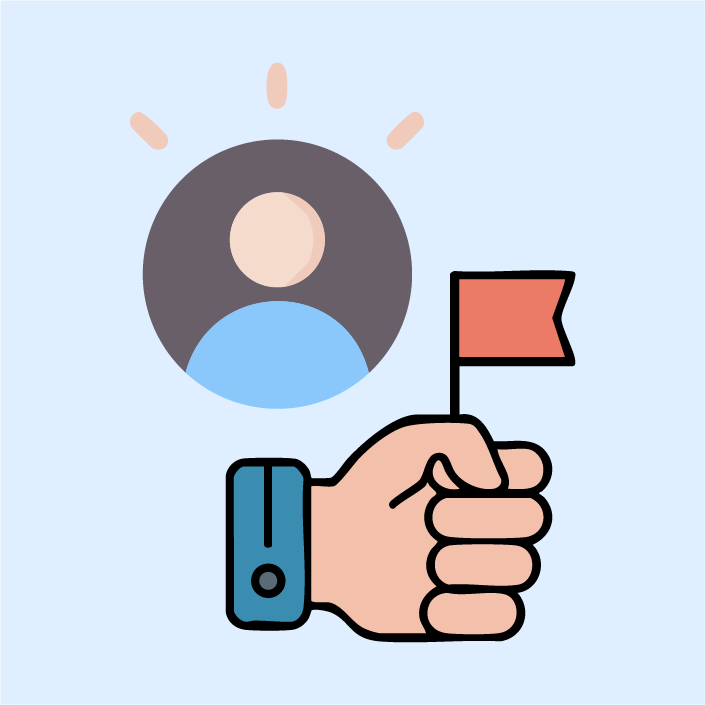 Hand holding a red flag with a person icon above, on a light blue background, showing a warning or alert in kids bath game style, symbolizing Autonomy & Self Care.